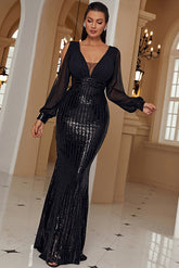 Vestidos de noche blancos de manga larga con cuello en V